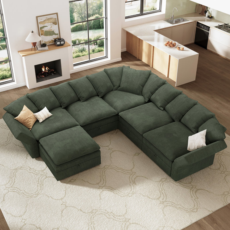 U-Shaped Corduroy Modular Sectional with Storage, Green Corduroy, 28.7" H x 105.5" W x 105.6" D