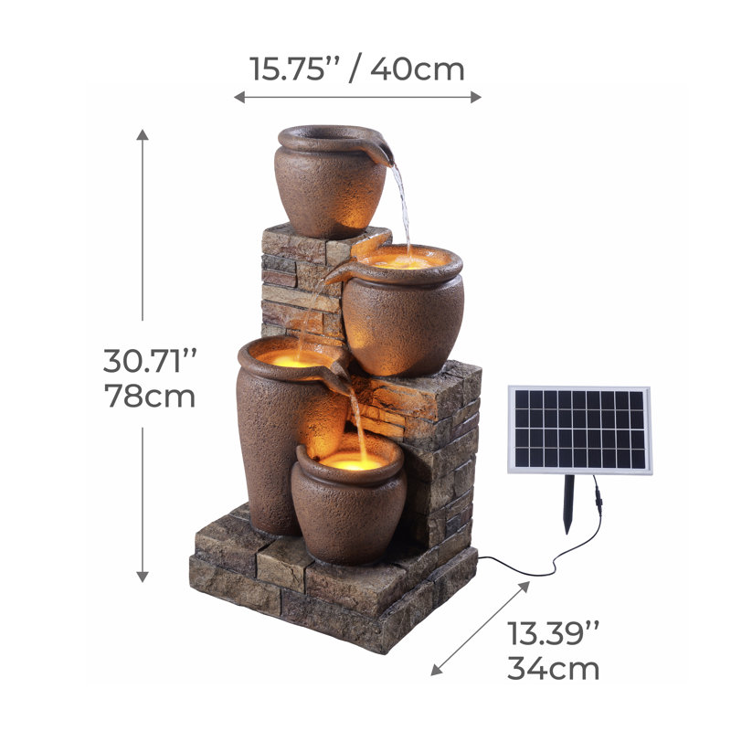 Jalijah 30.71" 4-Tier Solar Water Fountain with LED Lights, Brown