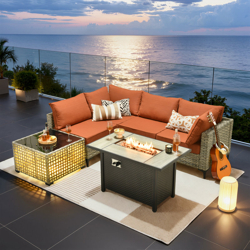 Ensemble de conversation modulaire en osier pour 4 personnes avec table basse lumineuse, ensemble de conversation moderne en rotin avec coussins Emroy