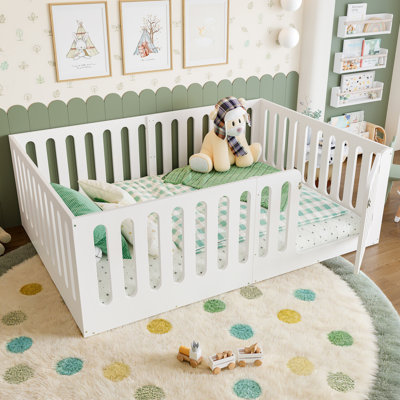 Lit double en bois Montessori avec porte et clôture haute, cadre de lit pour enfants sans sommier, blanc