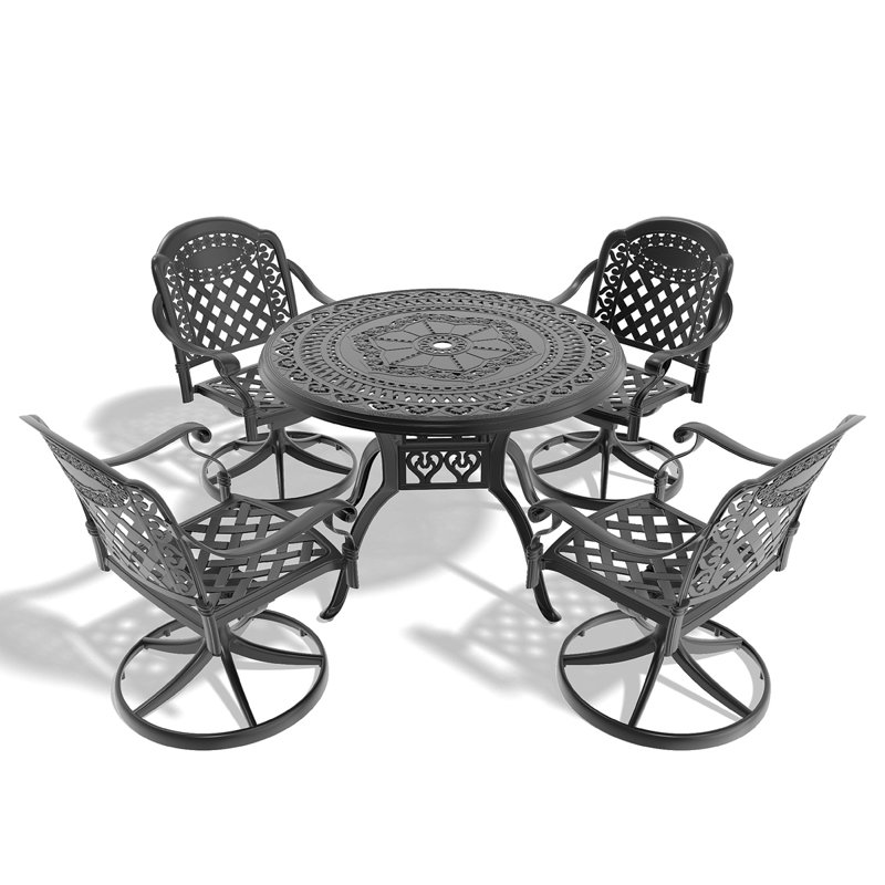 5-Piece All-Weather Cast Aluminum Dining Set, Include 4 Swivel Chairs And 39.37" Round Table With Black Frame, 4