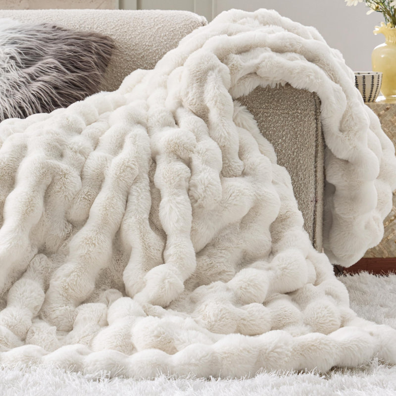 Jeté ultra doux et moelleux en fausse fourrure de lapin, L 90 po x L 90 po, Blanc, crème