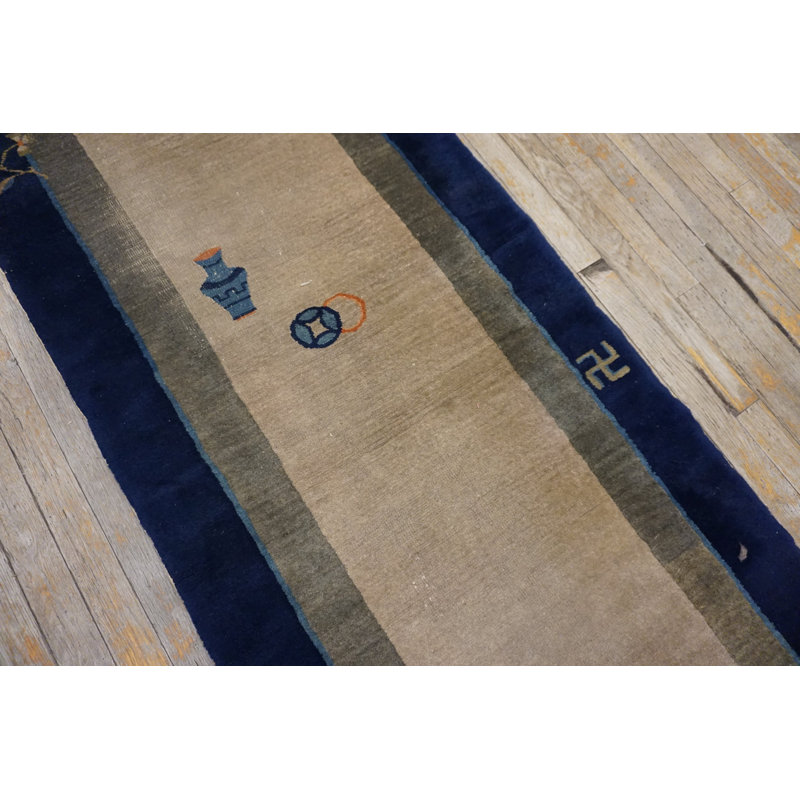 Ivory Chinese Antique Knotted Hallway Runner Wool - Peking 1920s Rectangle Rug