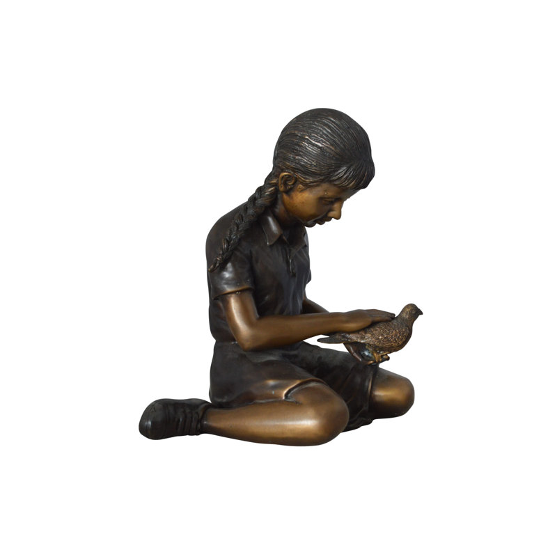 Statue Evandale jeune fille assise avec oiseau en bronze - Taille: L 12 po x l 9 po x H 14 po.