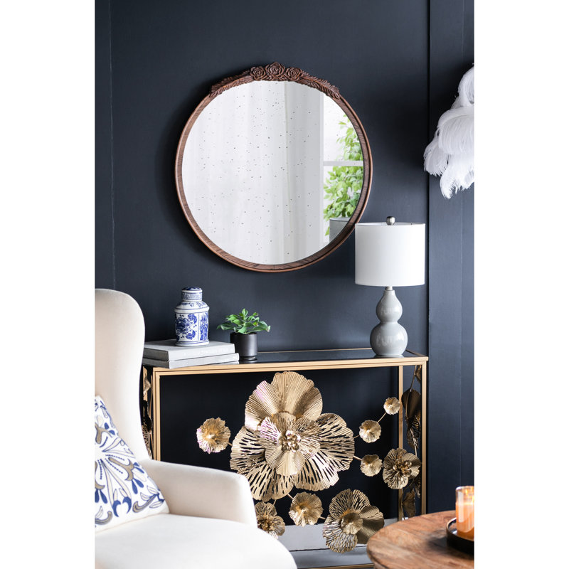 Antique Style Round Mirror With Charming Rose Detailing For Bathroom, Entryway & Home  brown Exquisite Carvings