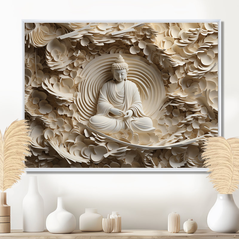 Simple bouddhisme Statue I - art mural bouddhisme pour le salon, Impression encadrée, H 12 po x l 20 po, Blanc