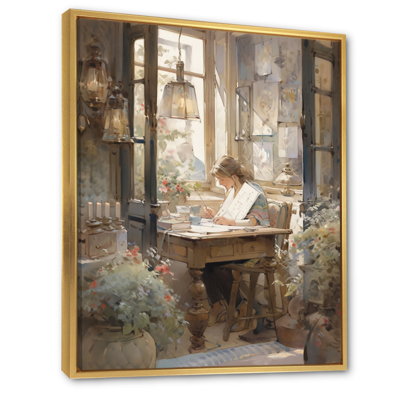 Portrait impressionniste, femme élégante rêveuse I, H 40 po x l 30 po, Cadre flottant doré