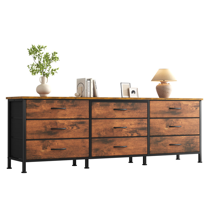 Commode 63 pouces pour chambre à coucher, placard en tissu 9 tiroirs, grand meuble télé, meuble audio-vidéo avec rangement, commode