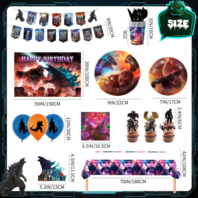 Ensemble de décorations de fête d'anniversaire Godzilla, 112 pièces de fournitures de fête Godzilla et ensemble de vaisselle pour enfants Godzilla