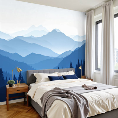 Papier peint adhésif auto-adhésif moderne l 96 "x H 69" pour chambre à coucher Misty Mountain Landscape Dense Forest Blue Tones