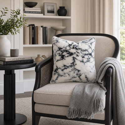 Luxury White and Blue Faux Fur Marble Throw Pillow