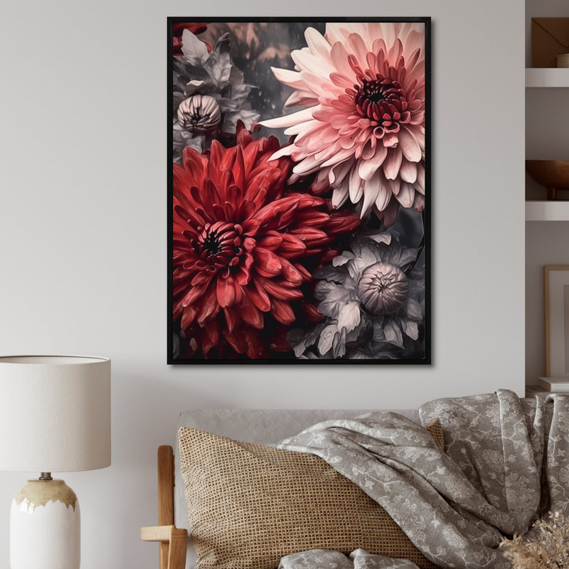 «White Peach Mums Blossoms», reproduction sur toile, H 32 po x l 24 po x P 1 po, Cadre flottant noir