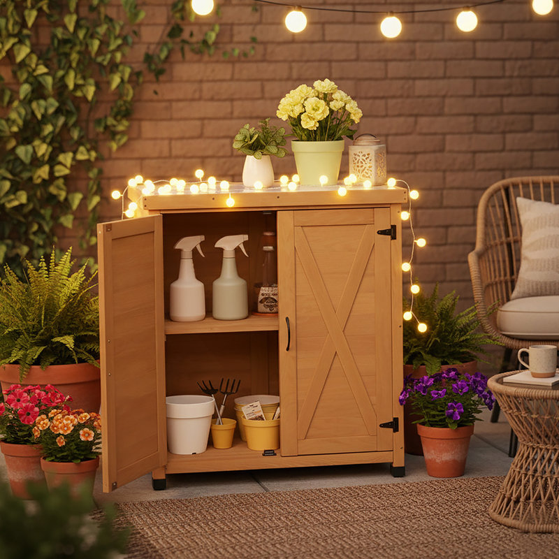 Banc de rempotage avec armoire de rangement et plateau de table en métal pour patio extérieur, table de poste de travail extérieur