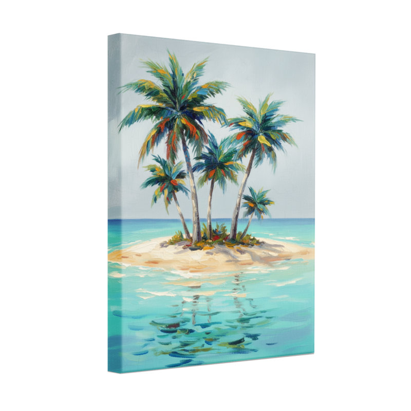 Plantes et fleurs, île tropicale, palmiers, vue sur l'océan, H 18 po x l 12 po