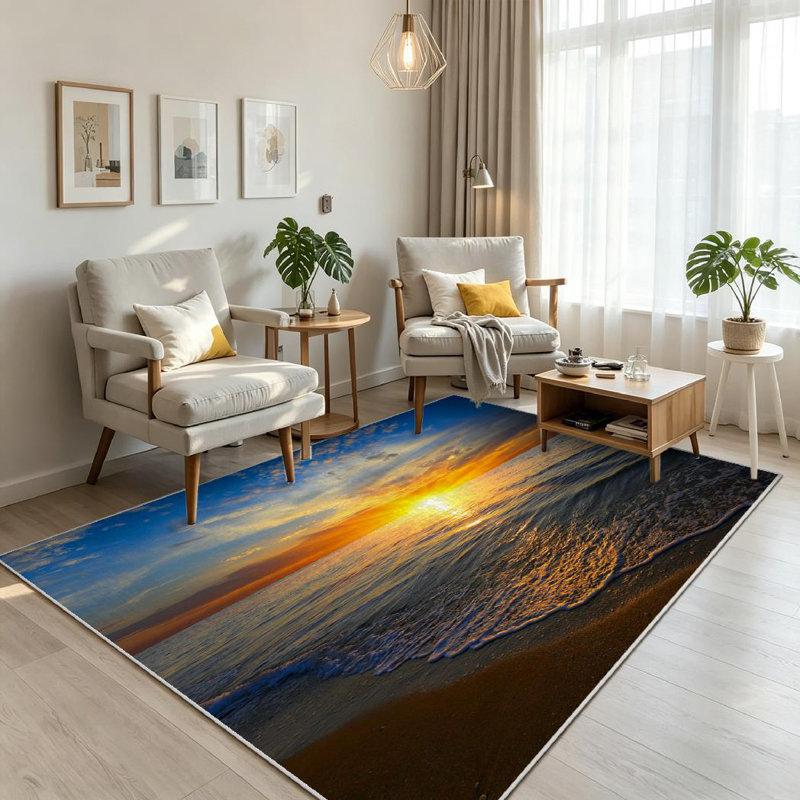 Blue Sunset Scene Sea Beach Ocean Water Still Sunrise Beauty Bright Calm Machine Washable Indoor Area Rug
