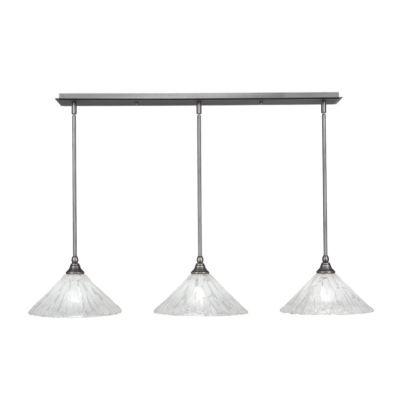 3 Light Stem Hung Linear Pendalier Shown With Gold Ice Glass, 6.25" H x 39.25" W x  7" D, Brushed Nickel
