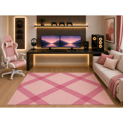Tapis à motif géométrique en treillis rose à motif géométrique moderne pour filles de 5 pi x 7 pi «Ultra Léger»