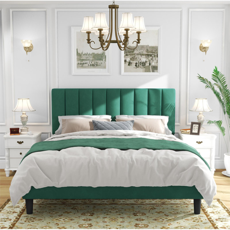 Jerrine Velvet Upholstered Platform Bed, Green, King