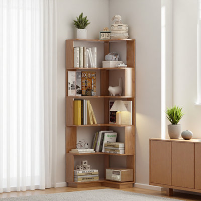 Bibliothèque d'angle autoportante à 6 niveaux en forme de L pour le salon, la chambre à coucher, la bibliothèque en bois avec panneau anti-chute et dispositif anti-basculement