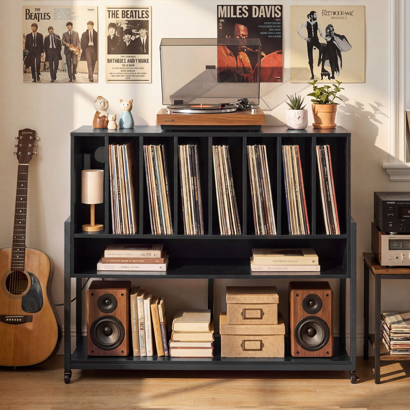 Support pour tourne-disque avec station de charge, support pour tourne-disque avec tablettes de rangement en vinyle, Black