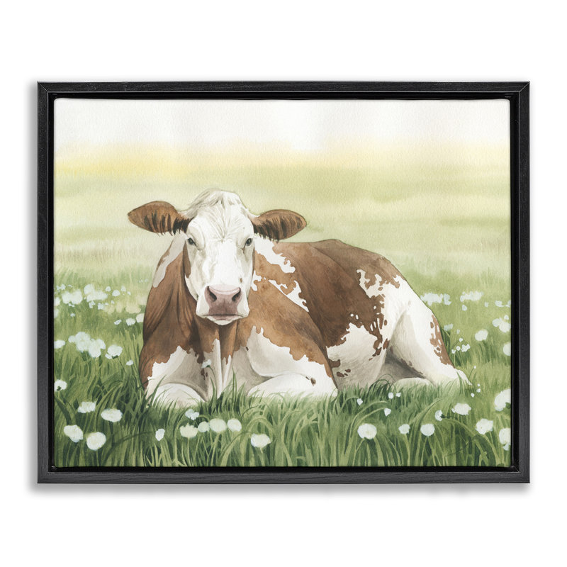 «Cow & Meadow Blossoms», art mural sur toile par Grace Popp, H 17 po x l 21 po, Cadre flottant noir de jais