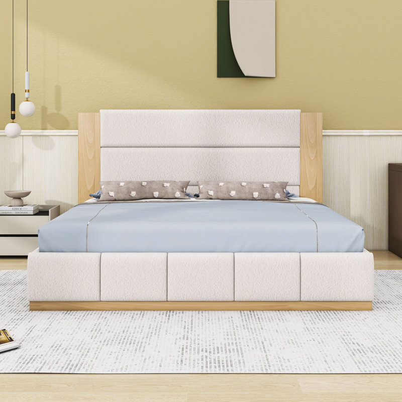 Lit plateforme tapissier avec tête de lit et pieds centraux, Blanc, Très grand lit
