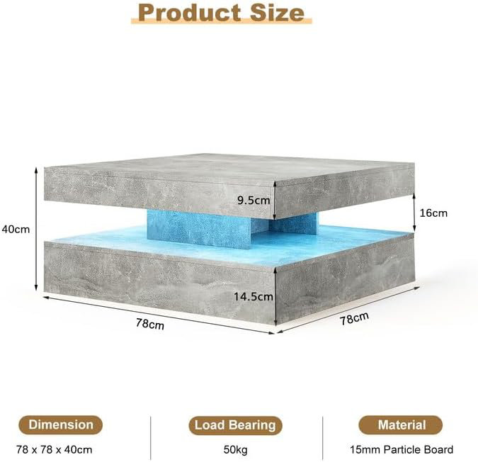 Charvez Solid Coffee Table with 16 Colors LED Lights, 78 X 78cm, 40cm H x 78cm W x 78cm D, Grey