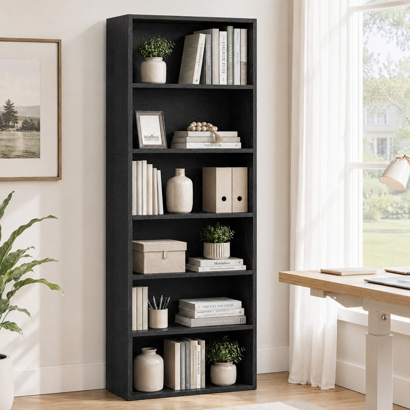 63'' H Rectangular Freestanding Adjustable and Anti-tip 6-Tier Bookcase, (6 Shelves) 63"H x 23.8"W x 9.2"D, Black