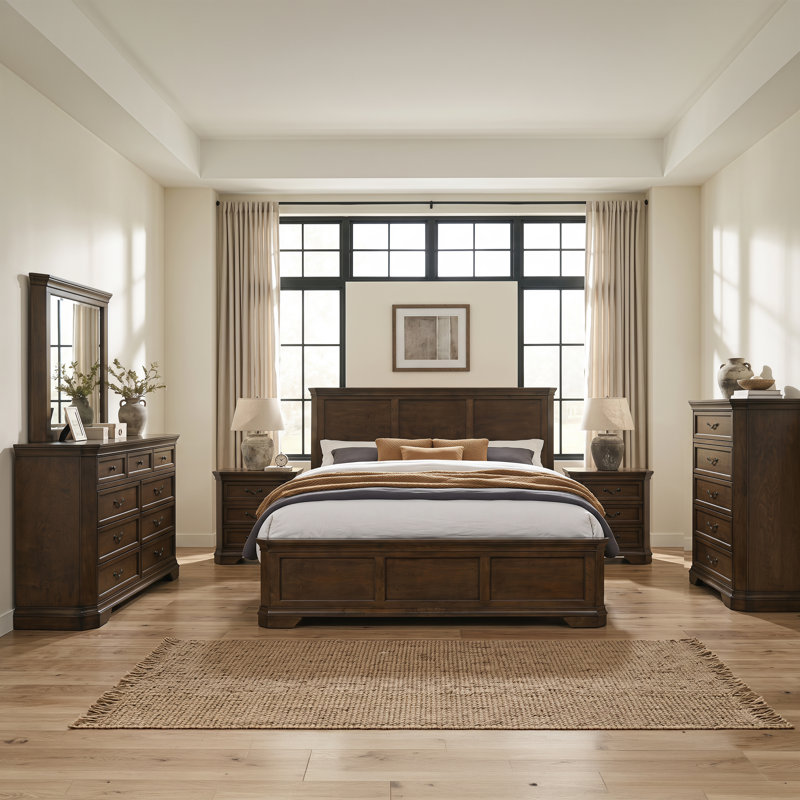 Ailany 6 Piece Bedroom Set, King, Antique Walnut, 6 Pcs: Bed, 2 Nightstands, Dresser, Mirror, Chest