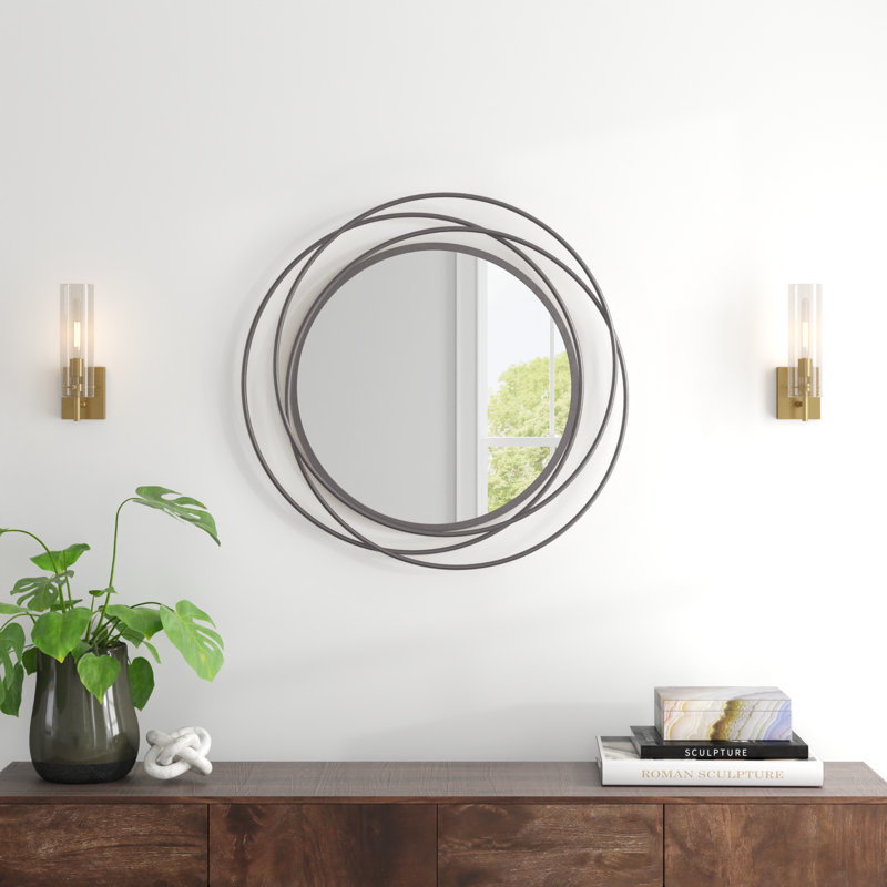 Metal Round Wall Mirror with Overlapping Circles, Grey