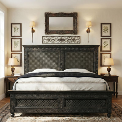 Hand-Carved Solid Wood King Panel Bed