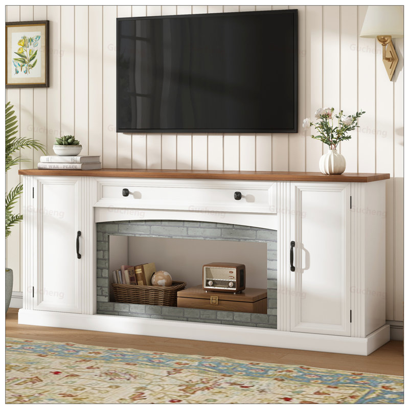 Meuble télé élégant avec décorations en brique grise pour téléviseur de 72 po ou moins, buffet contemporain avec tiroir, tablettes réglables, meuble télé de style campagne avec gestion des câbles pour le salon