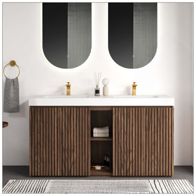 Meuble-lavabo sur pied en chêne fumé GALAN de 72 po avec lavabo, grand meuble-lavabo autoportant pour salle de bain moderne, lavabo à une pièce en quartz blanc sans bonde et robinet, LTL