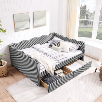 Grand lit de jour avec deux tiroirs de rangement, charge, forme ondulée et lit en lin - pour la chambre à coucher