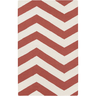 Tapis ivoire / bourgogne en laine tissé à la main Diego Chevron