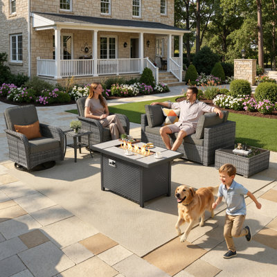Ensemble de conversation d'extérieur en osier 7 pièces avec chaises pivotantes et table de foyer de 42 pi, ensemble de sièges toutes saisons avec coussins pour le jardin, la cour arrière