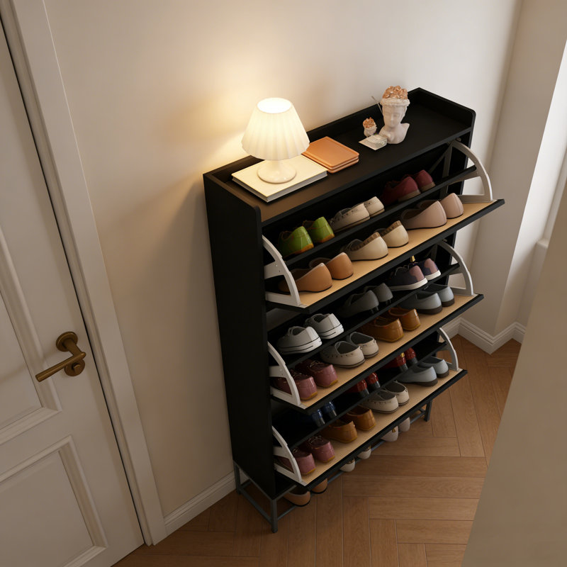 Modern Narrow Flip-Drawer Shoe Cabinet, Black