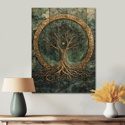 A Green Tree Of Life Into Celestial Roots - Tree Of Life Wood Wall Art - On Natural Pine Wood