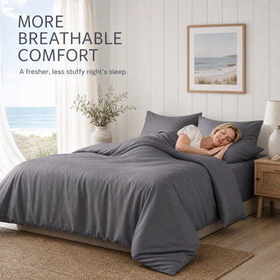 Ensemble de literie en bambou 4 pièces gris foncé, ensemble de draps pour grand lit respirant, avec housse de couette, draps et taies d'oreiller pour chambre à coucher toutes saisons