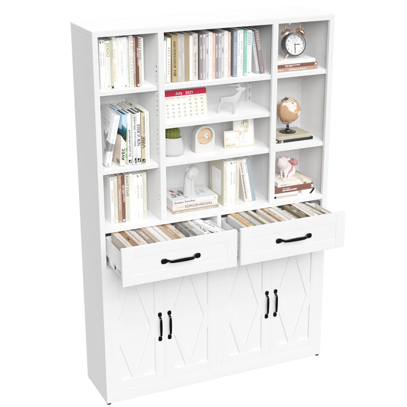 Bibliothèque de 71 pouces de hauteur avec portes, tiroirs et tablettes réglables pour un rangement polyvalent, blanc