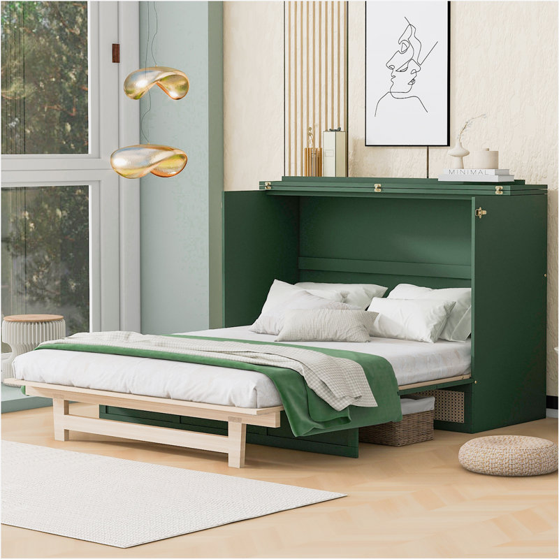 Murphy Bed With Large Drawers, Queen, Green