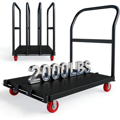 2000 Lbs Heavy Duty 2-in-1 Platform Truck - Premium Q235 Thickened Steel Flatbed Hand Truck with Foldable Design & 4 Swivel Wheels (2 with Brakes) for Warehouse, Workshop, Moving & Industrial Use