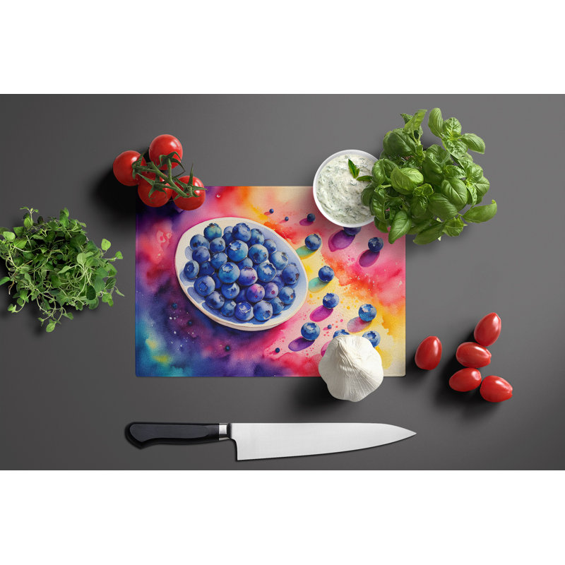 Grande planche à découper en verre avec bleuets colorés
