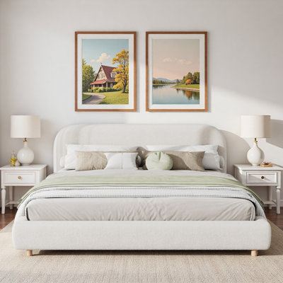 Upholstered Bed With Curved-Shape Headboard And Sturdy Wood Legs