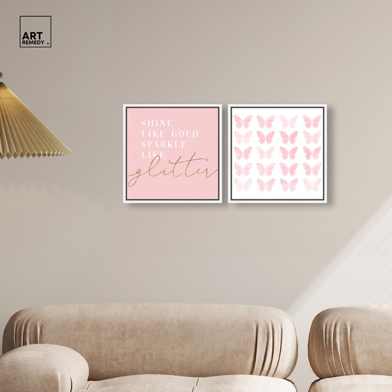 Ensemble de paire de papillons roses pastel par Art Remedy, Cadre blanc, H 17 po x l 17 po