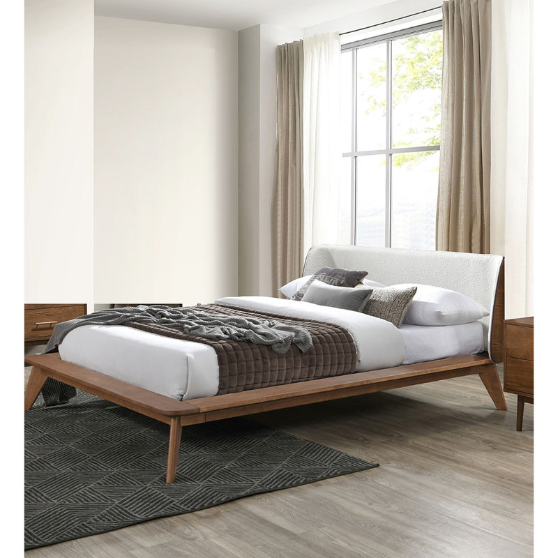 Lit Mid-Century moderne très grand Eastern, bois de noyer massif, tête de lit à oreilles en tissu, pieds inclinés fuselés, lit pour chambre à coucher avec abat-jour, matériau en bois et bouclé, tête de lit