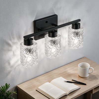 Luminaires de salle de bain noirs, applique murale de meuble-lavabo moderne à trois lumières avec abat-jour en verre texturé transparent, appliques murales pour miroir, éclairage câblé à douille E26 pour meuble-lavabo, salle d'eau, chambre à coucher