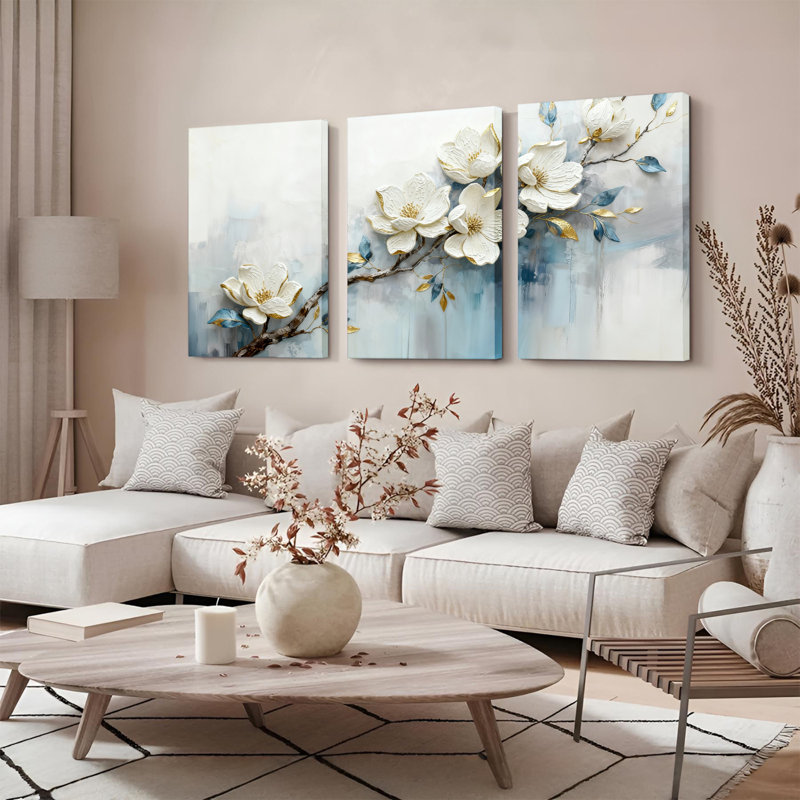 Tableau abstrait sur toile tendue représentant une fleur de magnolia blanche à feuilles bleues (lot de 3), H 24 po x l 48 po
