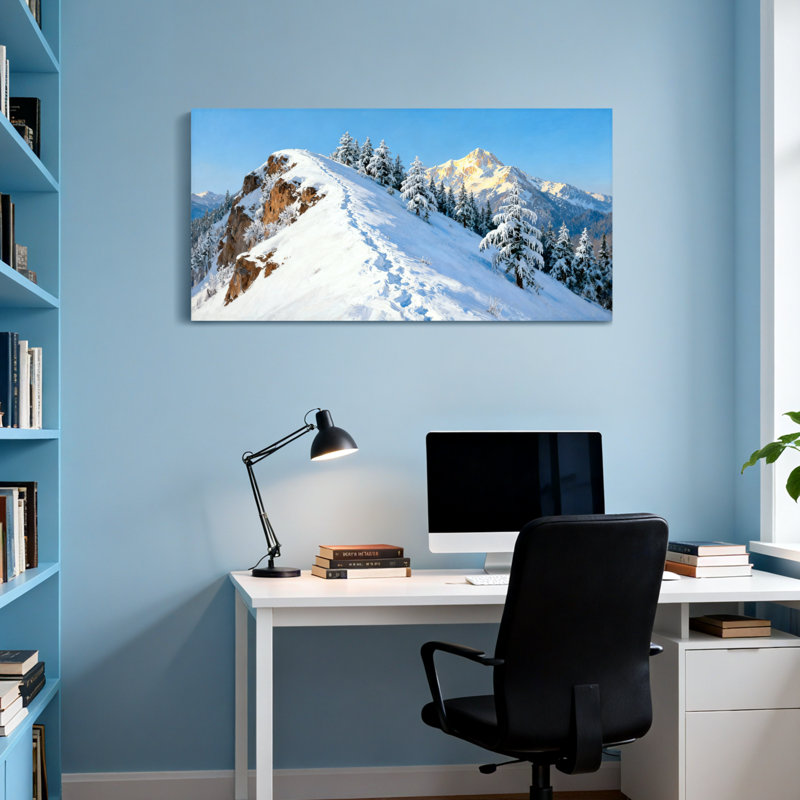 Landscape & Nature Snowy Mountain Peak With Pine Trees, 24" H x 48" W