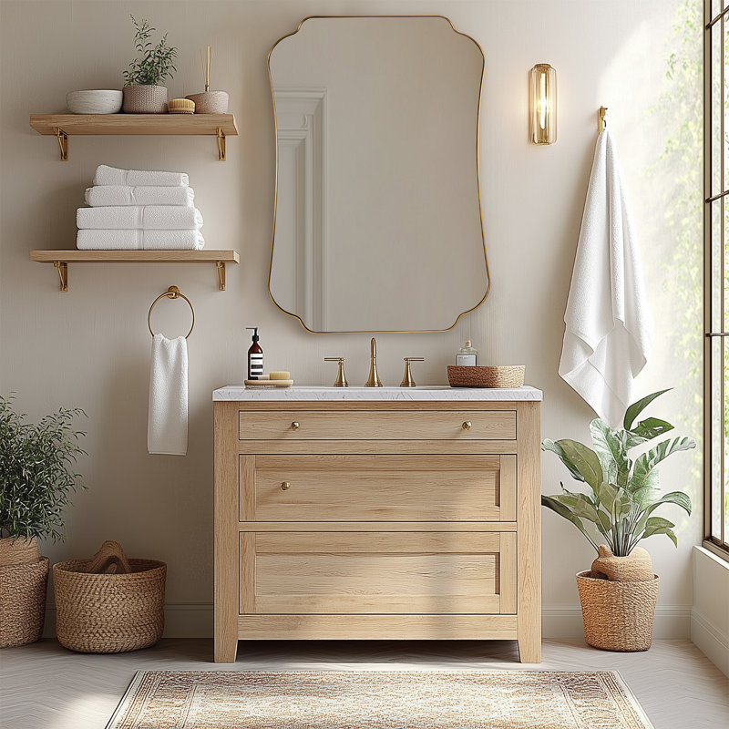 Contemporary Concave Edge Scalloped Bathroom Vanity Mirror, Brushed Gold, 36" x 24"